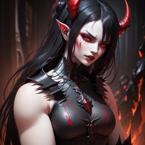 detailed demon-like woman, vibrant black and red eyes, intricate horns, sharp teeth, ebony hair, pale skin, dark fantasy, cinematic lighting, dramatic chiaroscuro, rich colors, highly detailed, photorealistic, 8k, masterpiece