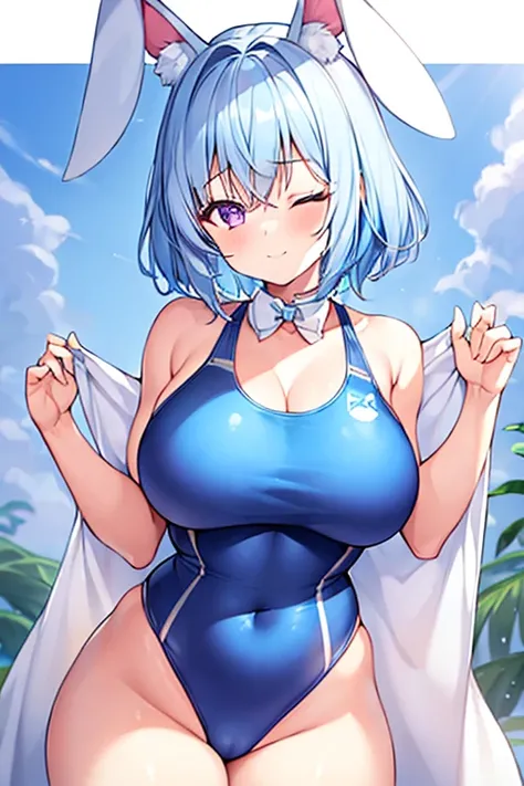 1girl, rabbit ears, animal ear fluff, (animal ear fluff), white rabbit ears, light blue hair, blue hair, very short hair, purple eyes, one eye closed, large breasts, thick thighs, hourglass figure, light smile, one-piece swimsuit, competition swimsuit, bar...