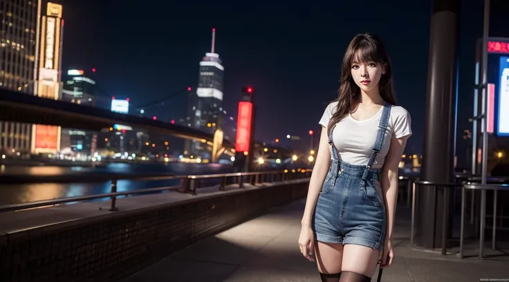 ((midnight, best quality, 8K, masterpiece :1.3)), whole body, Long legs, Clear focus :1.2, Beautiful woman with perfect number :1.4, Slim abdominal muscles :1.1, ((Dark brown hair, Large Breasts :1.2)), (White tight T-shirt, Overalls Jeans, Standing:1.2), ...