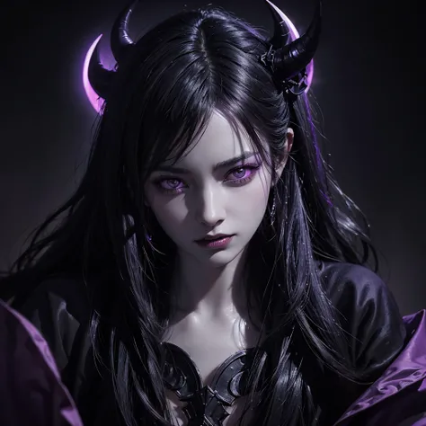 detailed demon-like woman, vibrant black and purple eyes, intricate horns, sharp teeth, ebony hair, pale skin, dark fantasy, cinematic lighting, dramatic chiaroscuro, rich colors, highly detailed, photorealistic, 8k, masterpiece