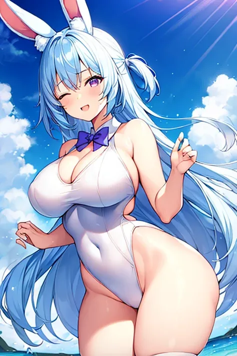 1girl, rabbit ears, animal ear fluff, (animal ear fluff), white rabbit ears, light blue hair, blue hair, very short hair, purple eyes, one eye closed, large breasts, thick thighs, hourglass figure, light smile, one-piece swimsuit, competition swimsuit, bar...