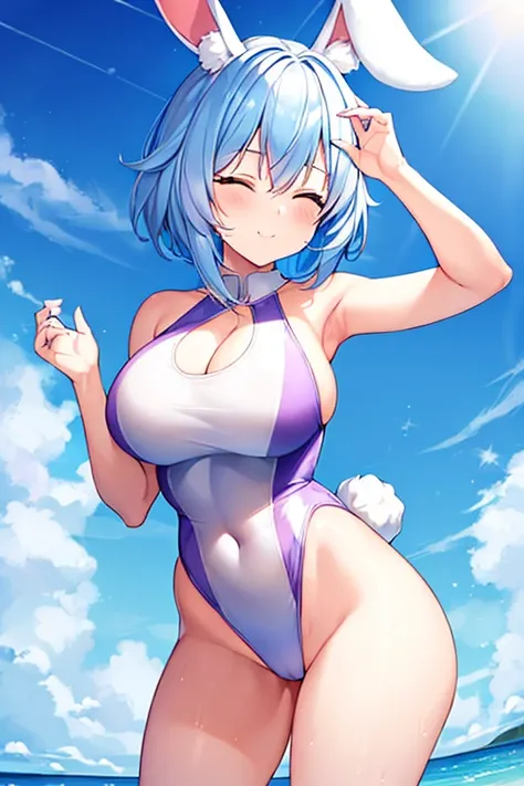 1girl, rabbit ears, animal ear fluff, (animal ear fluff), white rabbit ears, light blue hair, blue hair, very short hair, purple eyes, one eye closed, large breasts, thick thighs, hourglass figure, light smile, one-piece swimsuit, competition swimsuit, bar...