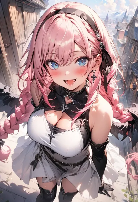 (masterpiece),(best quality),(ultra-detailed),(best illustration),(best shadow),(absurdres),(detailed background),(very aesthetic), 1girl, solo, blue-eyes, ((long-hair)), braid, boots, pink-hair, breasts, twin-braids, smile, open-mouth, cleavage, choker, l...