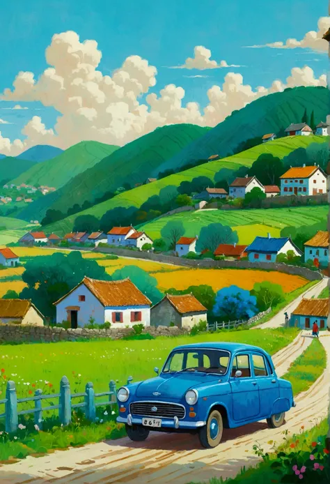 painting of a blue car driving down a country road with a village in the background, a detailed painting by Yi Inmun, shutterstock contest winner, naive art, hand painted cartoon art style, countryside city scene, vibrant gouache painting scenery, scenery ...