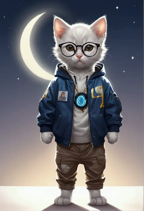 Perfect centering, A cute kitten all over, Wear a student jacket, Wearing glasses, Wearing headphones, Standing position, Abstract beauty, Centered, Looking at the camera, Facing the camera, nearing perfection, Dynamic, Moonlight, Highly detailed, Digital ...