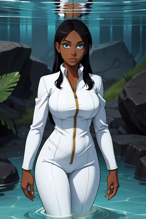 a dark skin woman standing in water wearing white suit