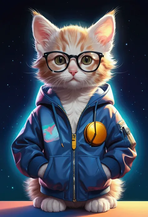 Perfect centering, A cute kitten all over, Wear a student jacket, Wearing glasses, Wearing headphones, Standing position, Abstract beauty, Centered, Looking at the camera, Facing the camera, nearing perfection, Dynamic, Moonlight, Highly detailed, Digital ...