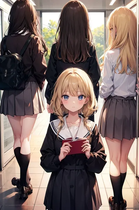 five girls, school, class, black, blond, brown,standing