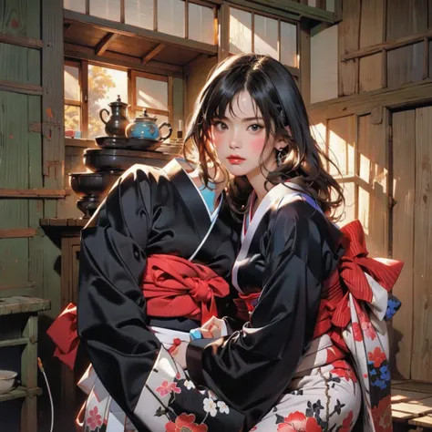 (highest quality、8k、32k、masterpiece)、(masterpiece, up to date,Exceptional:1.2), Anime, One girl,Front hair,black_hair, Beautiful 8k eyes,Looking_in_Audience,One person in,Are standing,((Very beautiful woman, Fuller lips, Japanese pintern kimono))、((Colorfu...