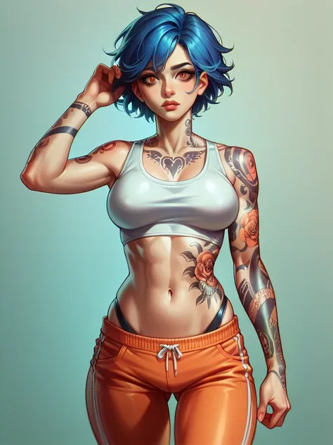 Realistic Anime,a fit woman with black and blue hair and orange eyes shining at the gym fanart anime with tattoos