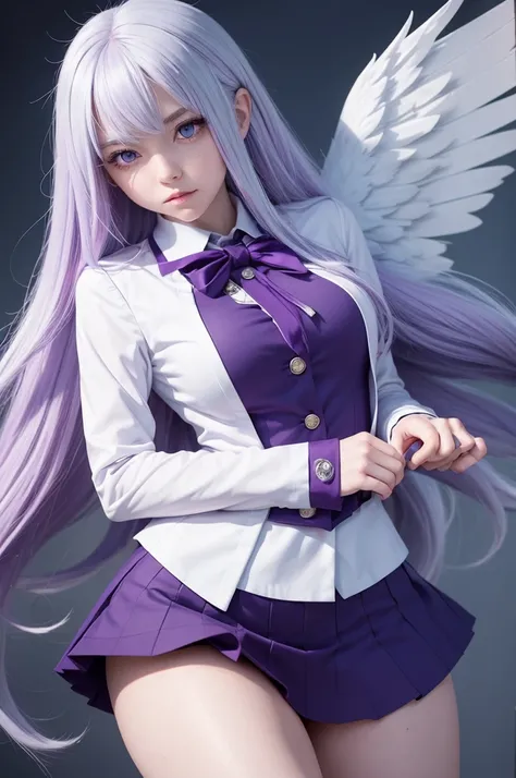 Boku No Hero Academy girl comic panel/student with long white hair with sparkling purple tips, blue eyes with angel wings flying