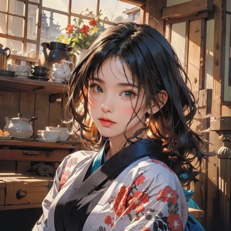 (highest quality、8k、32k、masterpiece)、(masterpiece, up to date,Exceptional:1.2), Anime, One girl,Front hair,black_hair, Beautiful 8k eyes,Looking_in_Audience,One person in,Are standing,((Very beautiful woman, Fuller lips, Japanese pintern kimono))、((Colorfu...