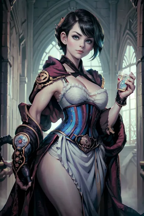 1 girl, rogue trader, black hair, robes, medium breasts, short hair, smug expression, sash, upper body, inside a palace, 8k, sharp focus, bright blue eyes, jewelry, frilly baroque dress, ascot, embroidery, black eyeliner, runny eyeliner, gloves, corset, 17...