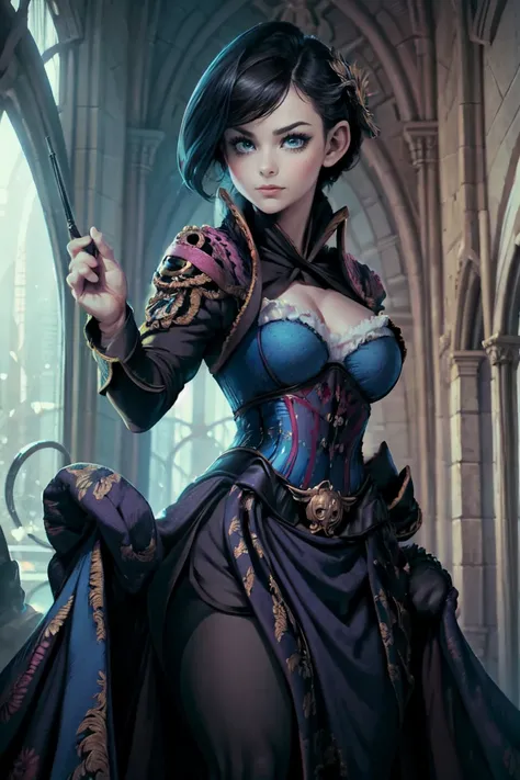 1 girl, rogue trader, black hair, robes, medium breasts, short hair, smug expression, sash, upper body, inside a palace, 8k, sharp focus, bright blue eyes, jewelry, frilly baroque dress, ascot, embroidery, black eyeliner, runny eyeliner, gloves, corset, 17...