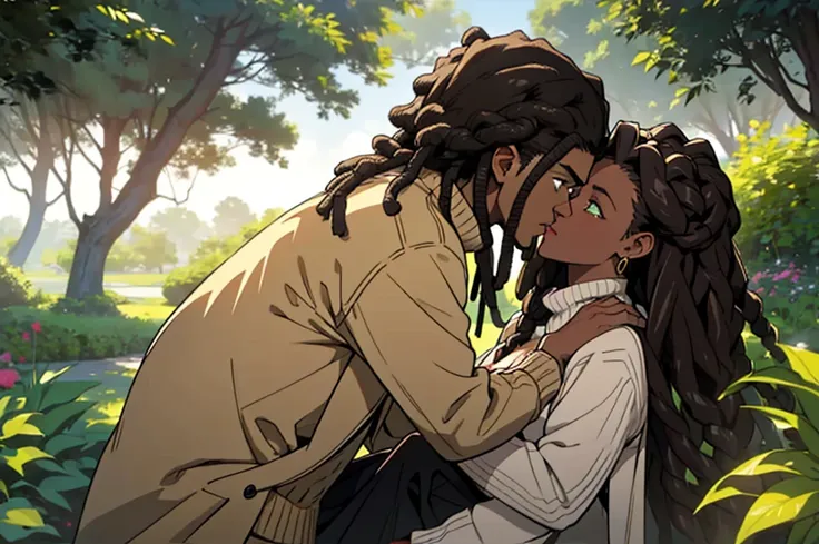 "produce an anime-style image that celebrates love between black couples. the girl, skin black, skin black, skin black 1.5,  wit...