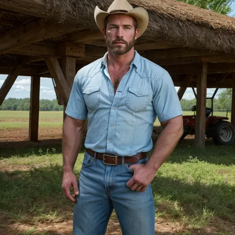 masterpiece, high resolution, hdr, detailed composition, high definition, unique, hot handsome ranch cowboy, farmer, countryside...