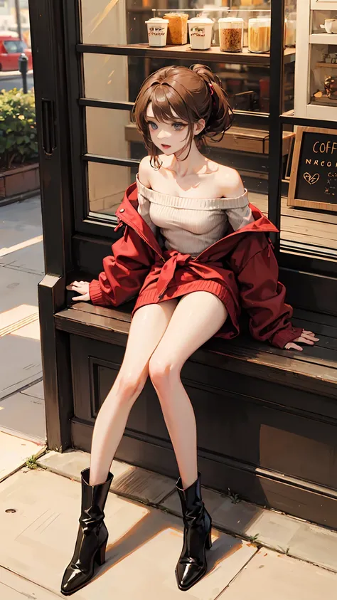 Anime Girl，15 years old，Lovely，Coffee Shop，outdoor，Off-shoulder，sweater，Protruding clavicles，Thin waist，Bare legs，Ankle boots，Thin legs，skinny，whole body