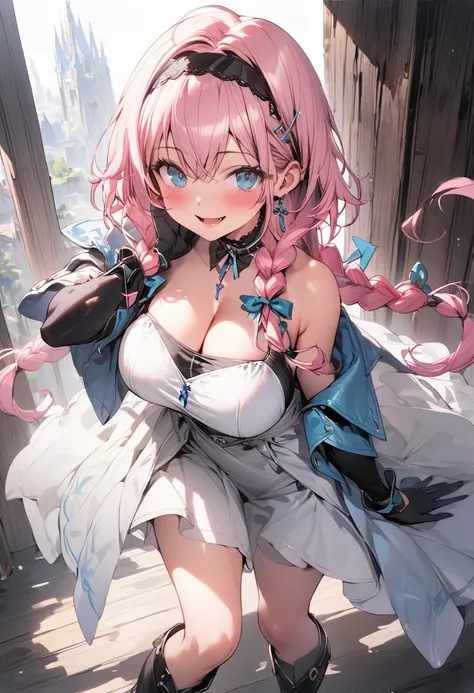 (masterpiece),(best quality),(ultra-detailed),(best illustration),(best shadow),(absurdres),(detailed background),(very aesthetic), 1girl, solo, blue-eyes, ((long-hair)), braid, boots, pink-hair, breasts, twin-braids, smile, open-mouth, cleavage, choker, l...