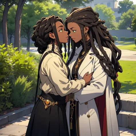 "produce an anime-style image that celebrates love between black couples. the girl, skin black, skin black, skin black 1.5, with...