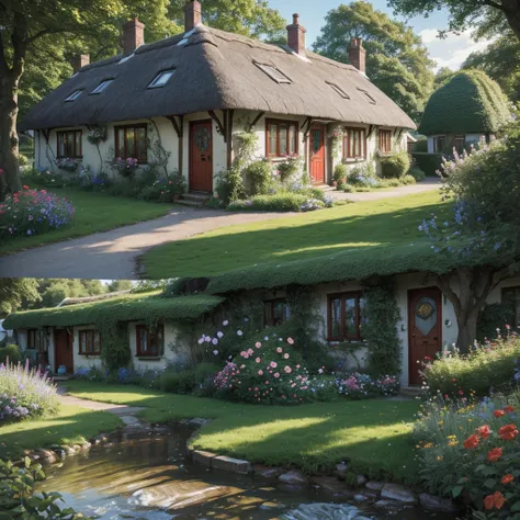 On a summers day, little old whimsical cottage out of a fairytale, it has cream cracked walls, a thatched roof, dorma windows and wooden windows at front of house with flowers in window boxes, house has and old red door, sitting in a cottage garden alongsi...