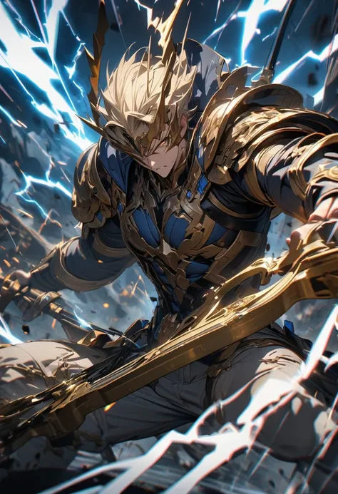 masterpiece, 8k, best quality, highly detailed, a human male wielding a blue and yellow heavy crossbow with lightning surrounding him