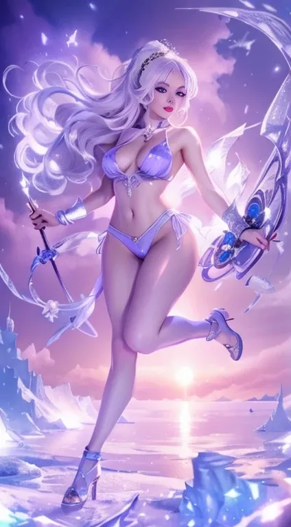 (Masterpiece, Top Quality, Best Quality, Official Art: 1.2), (1 woman), Full portrait of the most beautiful, sexy ethereal woman with snow-white hair, pastel highlights, framing a face of extreme detail and elegance. Frosty blue eyes are adorned with blue ...