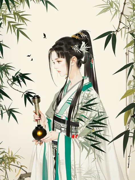 close-up of a woman, in the bamboo forest, black long hair, ponytail, green headdress, holding a lantern, bamboo leaves falling,...