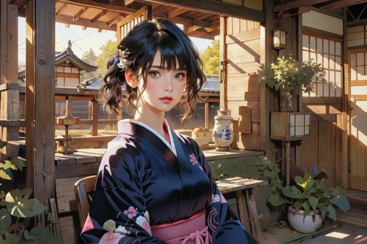 (highest quality、8k、32k、masterpiece)、(masterpiece, up to date,Exceptional:1.2), Anime, One girl,Front hair,black_hair, Beautiful 8k eyes,Looking_in_Audience,One person in,Are standing,((Very beautiful woman, Fuller lips, Japanese pintern kimono))、((Colorfu...