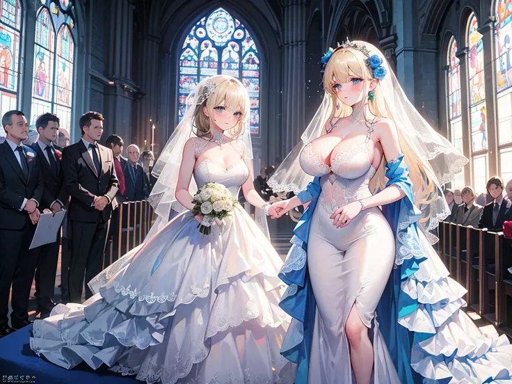 A woman with big ，Beautiful bride，Light blond long hair，Blue Eyes，clavicle，Gorgeous and exquisite wedding dress，weak，Sexy，Color，lactation，blush，Bright Light，In the church，blue Rose，Showing lace underwear，Handsome groom standing next to bride，