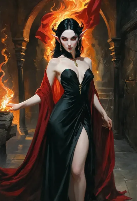 1 magician woman, very pale skin color, expressive black eyes, elf ear, black hair, dressed with a red drape, using his fire magic , full length portrait , mystical dungeon interior atmosphere in background, detail richness, masterpiece, best quality