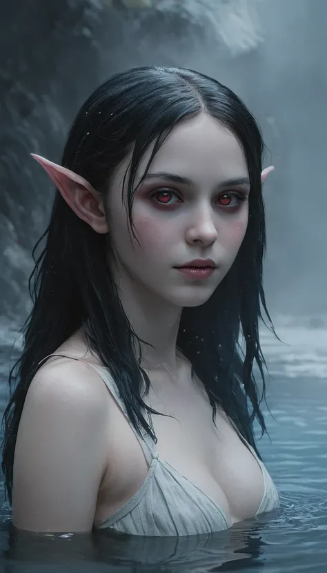 A young drow girl, 18 years-old, drow, elf ears, long pointy ears, ruby red eyes, blue skin, blue complexion, raven hair, pretty, natural beauty, wearing linen undergarments, posing in a steamy sulfuric hot spring, an illustrated movie poster, hand-drawn, ...