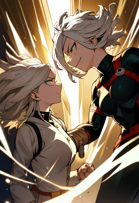 my hero academia, a girl, long white hair, yellow eyes, short, beautiful, in a black turtleneck suit side profile, smirking, fighting, standing 