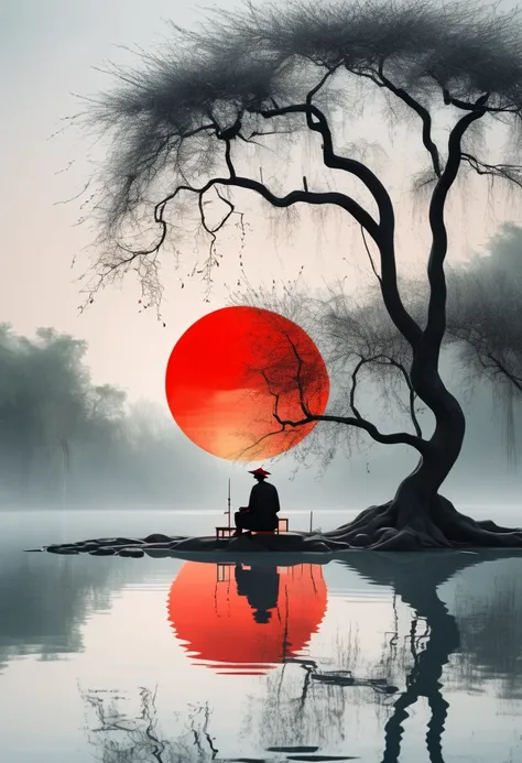 Minimalist composition red sun with black man sitting on it mirror reflection of tree and water surface, surrealism, clean background, in the style of cinema4d rendering, high resolution photography, dream scene, minimalist sculpture art installation, ink ...