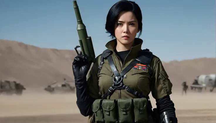 In a realistic military setting、A female warrior stands firm。Her jet black hair was tied back、Wearing a utility uniform。Because she&#39;s holding a rocket launcher、Hands covered with fingerless gloves。A rifle hangs from a shoulder holster.、The clothing has...