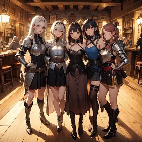 A group of  female medieval fantasy adventurers, (in tavern), various hair styles, harem, night, details face, short skirt, seducing, sleeveless, armor 