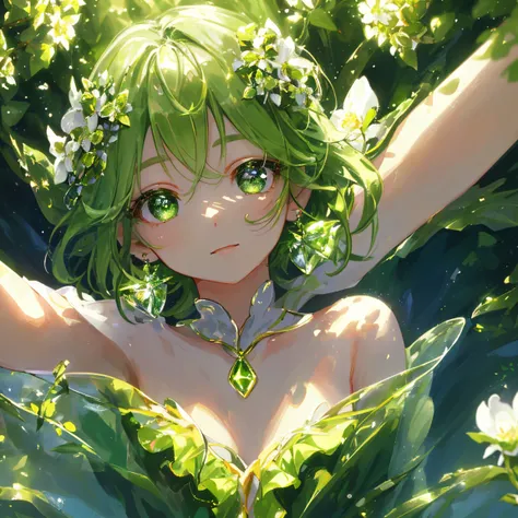 1 girl masterpiece, highest quality, shape, peridot eyes and hair, peridot earrings, peridot necklace, flowers, flower fairy, cute, (dynamic lighting:1.2), cinematic lighting, delicate features, fine eyes, sharp pupils, realistic student, written boundary ...