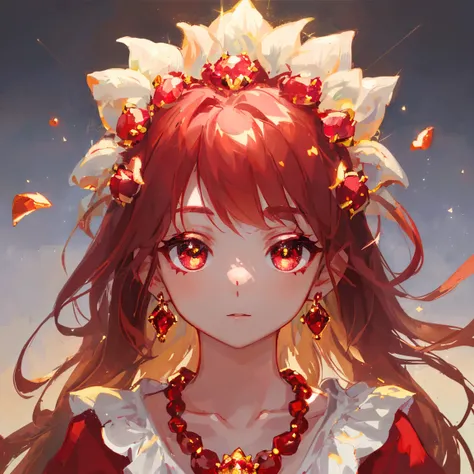 1 girl masterpiece, highest quality, shape, Ruby eyes and hair, Ruby earrings, Ruby necklace, flame, fire fairy, cute, (dynamic lighting:1.2), cinematic lighting, delicate features, fine eyes, sharp pupils, realistic student, written boundary depth, Bokeh,...