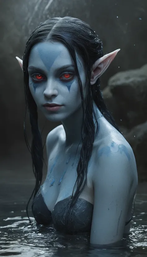 A young drow girl, 18 years-old, drow, elf ears, long pointy ears, ruby red eyes, blue skin, blue complexion, raven hair, pretty, natural beauty, bathing in a steamy sulfuric hot spring, nude, an illustrated movie poster, hand-drawn, full color, hard shado...