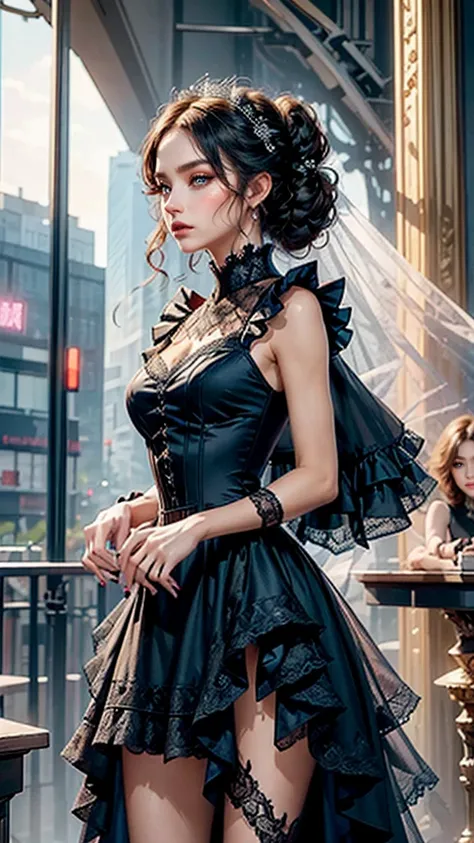 A fierce and edgy woman stands before you, dressed in a whith dress with intricate lace and playful ruffles. She holds a guitar in her hands, ready to unleash her musical talents. Her striking makeup and dark hair add to her rebellious aura.