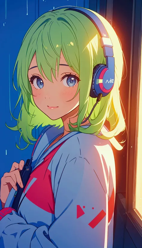 Girl listening to music with a headset,ela usa roupas americanas, chuva na janela. wallpaper