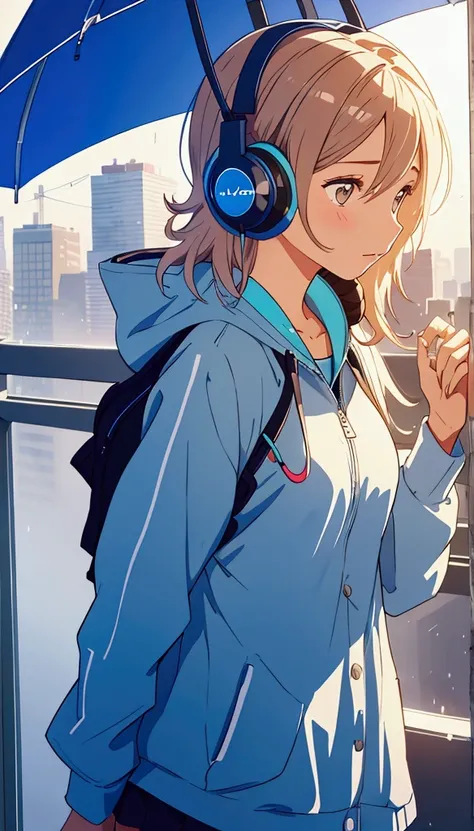 Girl listening to music with a headset,ela usa roupas americanas, chuva na janela. wallpaper