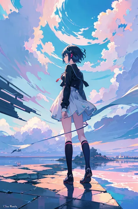 anime girl wearing headphoneakoto Shinkai Cyril Rolland、Dreamy psychedelic anime、Anime Cloud、Lo-fi Girl、Girl Cloud、Conrad Rothe and Makoto Shinkai、Admire the art style、Lofi Art、Atmospheric anime, In the style of Makoto Shinkai, Animation atmosphere, Makoto...