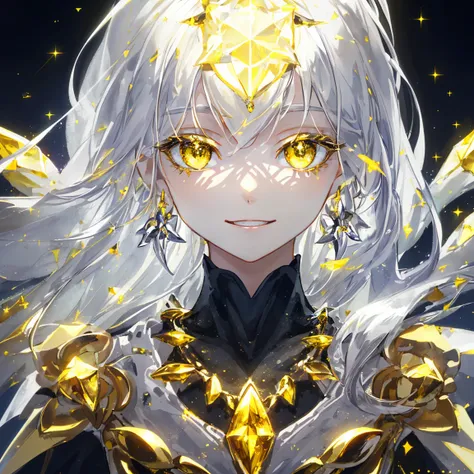 1 girl masterpiece, highest quality, shape, beautiful smile yellow quartz eyes and silver hair, yellow quartz earrings, yellow quartz necklace, jewelry, metal fairy, cute, (dynamic lighting:1.2), cinematic lighting, delicate features, fine eyes, sharp pupi...