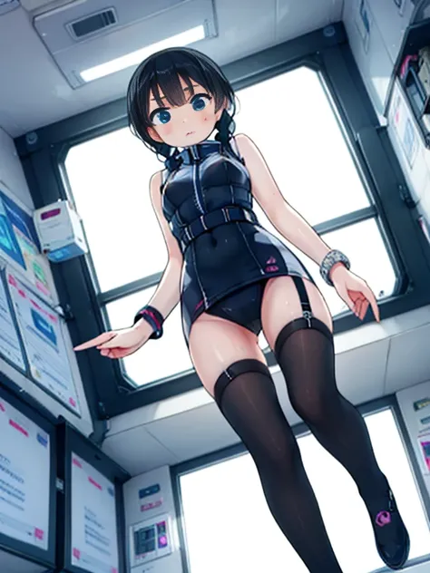 (Highest quality), (masterpiece), 1080P, High resolution, 4K, 8k, Inside the space station、Futuristic room、Thigh straps, Shooting from directly below, The woman on top of me, Nipples, 白いSweat, Covered , Sweat, Woman looking down, Skirt swimsuit, Thigh-high...