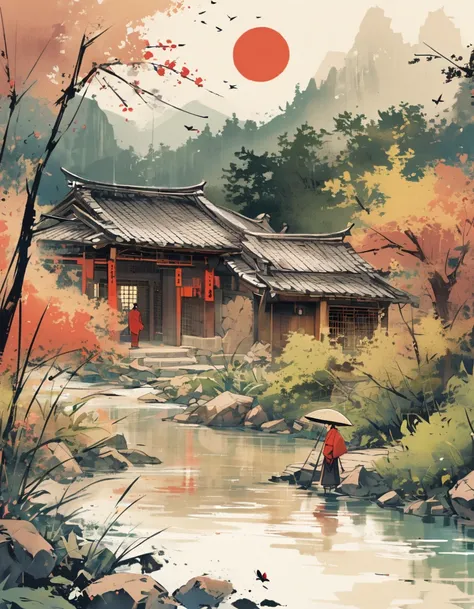 Japanese ink style, red sun, trees and river