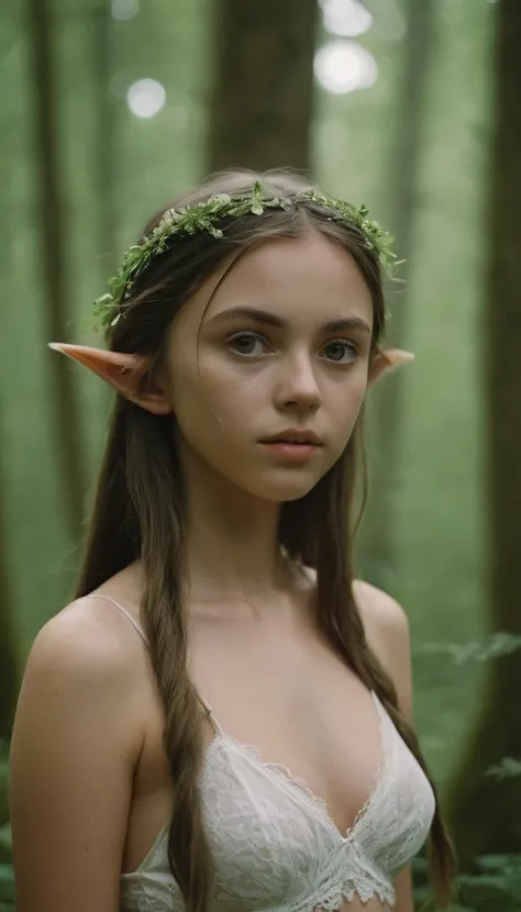 analog film photo, photo of a young elf girl, 18 years-old, elf, elf ears, long pointy ears, peridot eyes, light-brown sun-tanned skin, goosebumps, pretty, natural beauty, resembles a Ana De Armas, wearing a cotton bralette, posing in a misty forest, RAW P...