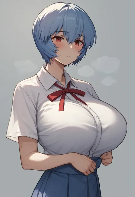 huge breasts、blush、sweat、in the heat、rei ayanami, ayanami rei, blue hair, short hair, red eyes,
skirt, shirt, ribbon, , white sh...