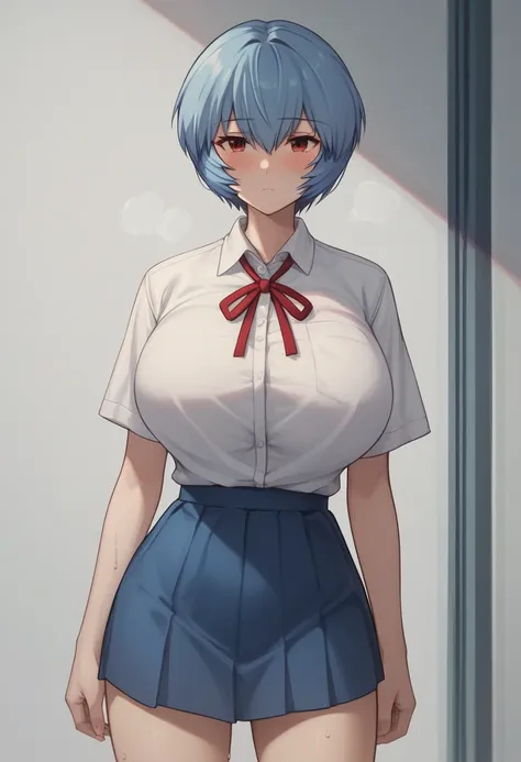 huge breasts、blush、sweat、in the heat、rei ayanami, ayanami rei, blue hair, short hair, red eyes,
skirt, shirt, ribbon, , white sh...