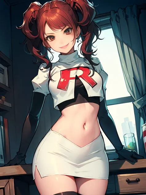 rise kujikawa (persona) ,glossy lips ,team rocket uniform, red letter r, white skirt,white crop top,black thigh-high boots, blac...