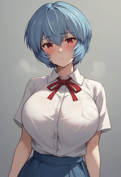 huge breasts、blush、sweat、in the heat、rei ayanami, ayanami rei, blue hair, short hair, red eyes,
skirt, shirt, ribbon, , white sh...